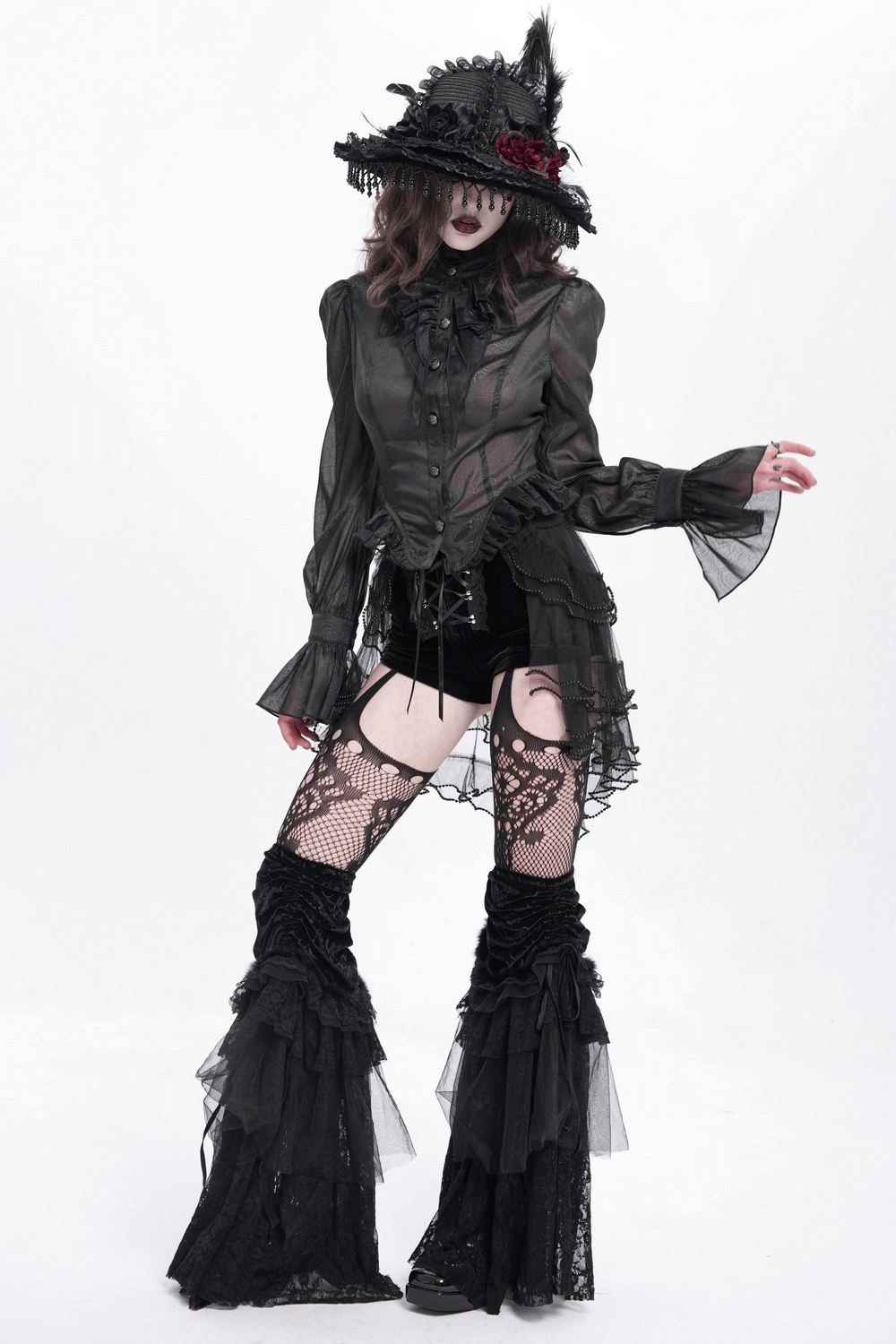 Gothic Lace Up Black Ruffled Shorts with Tie Detail