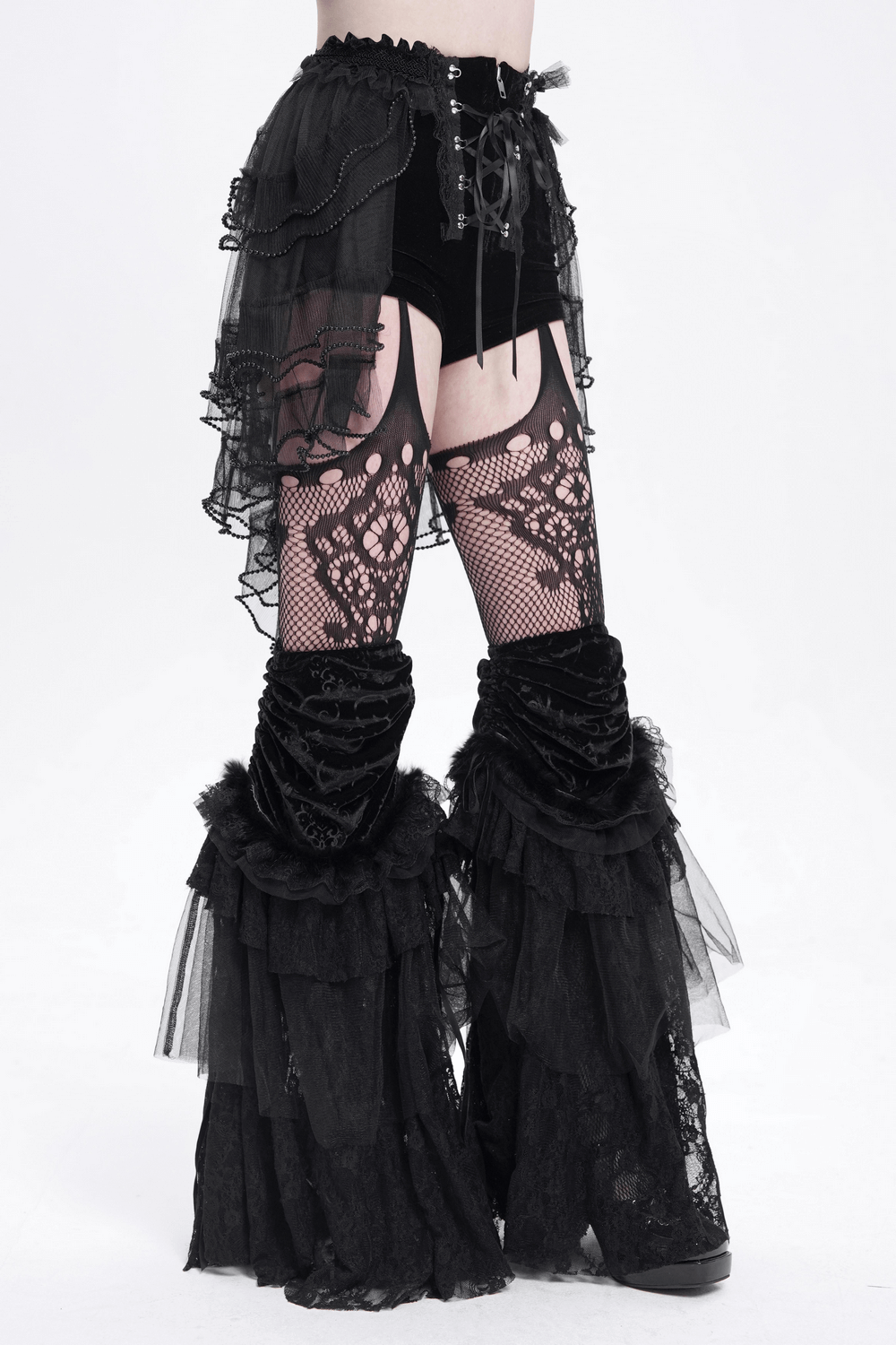 Gothic Lace Up Black Ruffled Shorts with Tie Detail