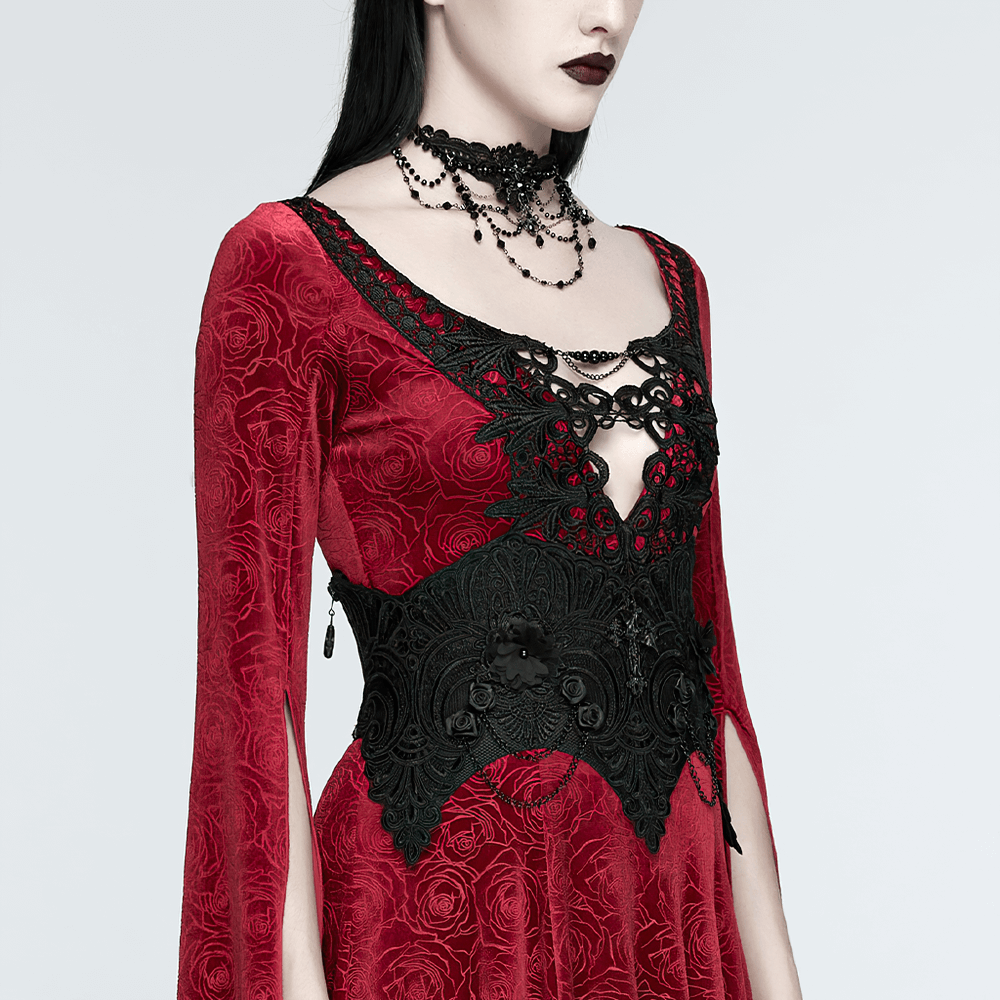 Gothic Lace-Up Corset Belt with Embroidery and Cross Details
