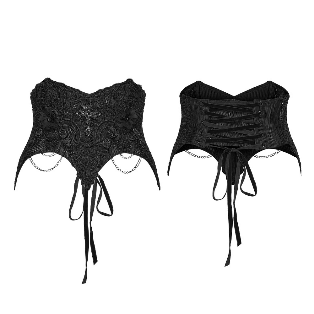 Gothic Lace-Up Corset Belt with Embroidery and Cross Details