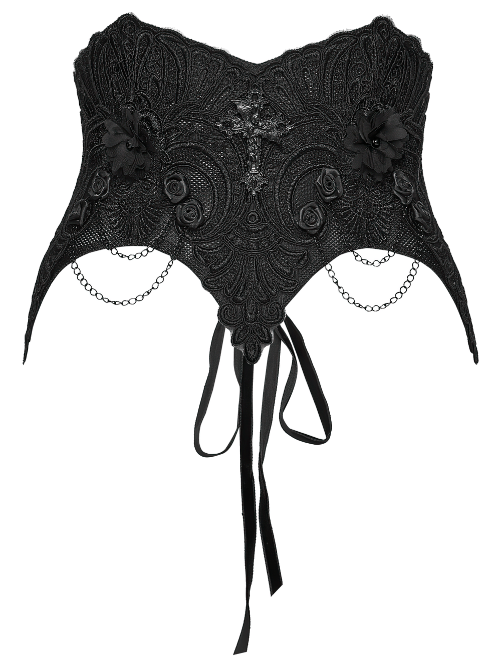 Gothic Lace-Up Corset Belt with Embroidery and Cross Details