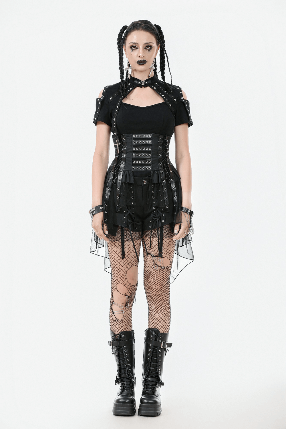 Gothic Lace-Up Corset Belt with Layered Tulle Skirt