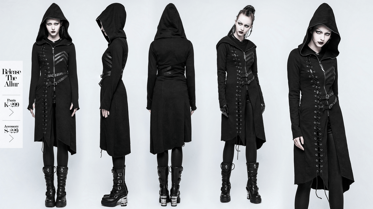 Gothic Lace-Up Long Coat with Hood and Buckles