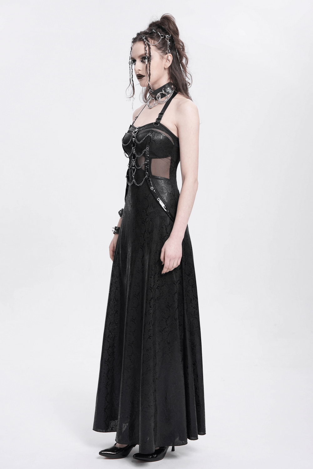 Gothic Lace-Up Maxi Dress with Chain and Corset Details