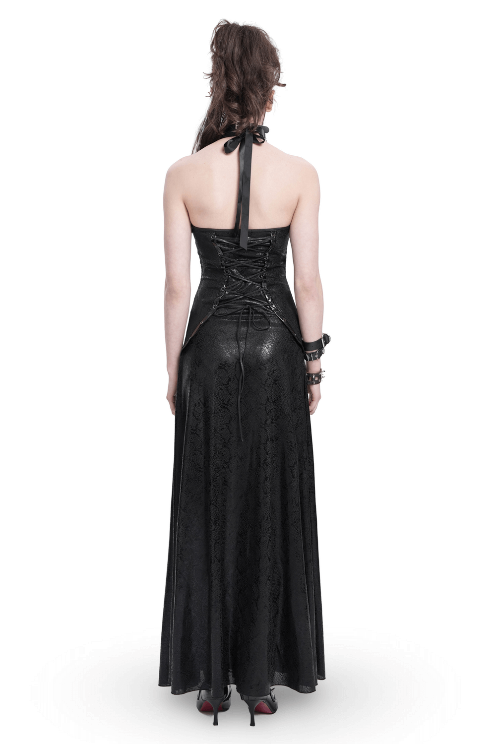 Gothic Lace-Up Maxi Dress with Chain and Corset Details