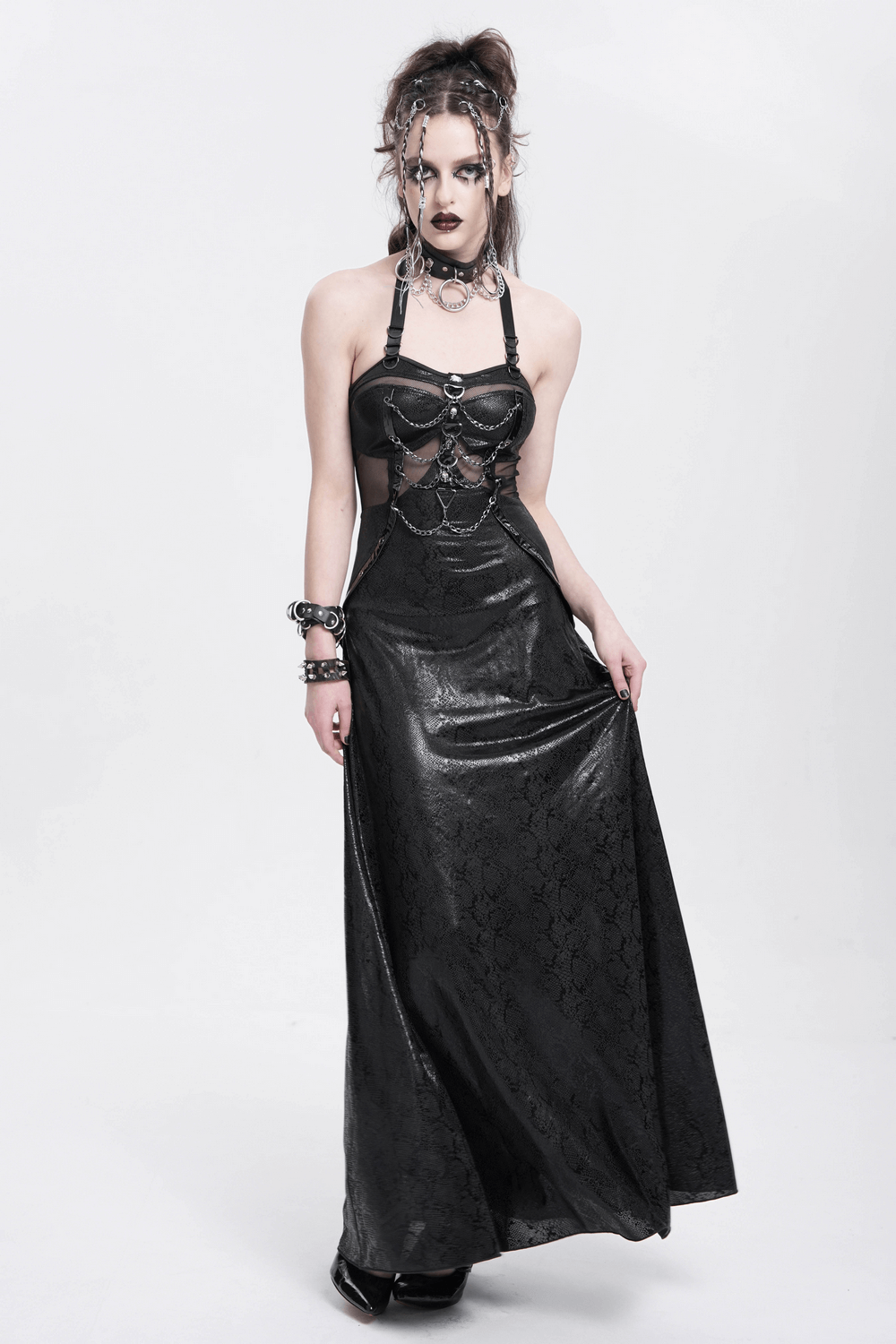 Gothic Lace-Up Maxi Dress with Chain and Corset Details