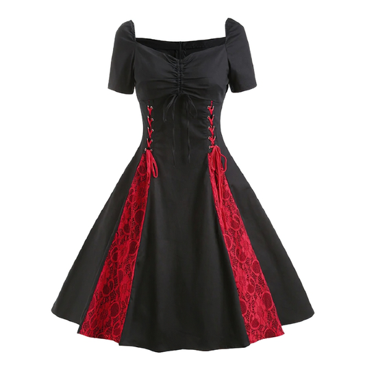 Gothic Lace Up Short Sleeves Dress / Women's Cotton Zipper Dresses / Female Elegant Clothing