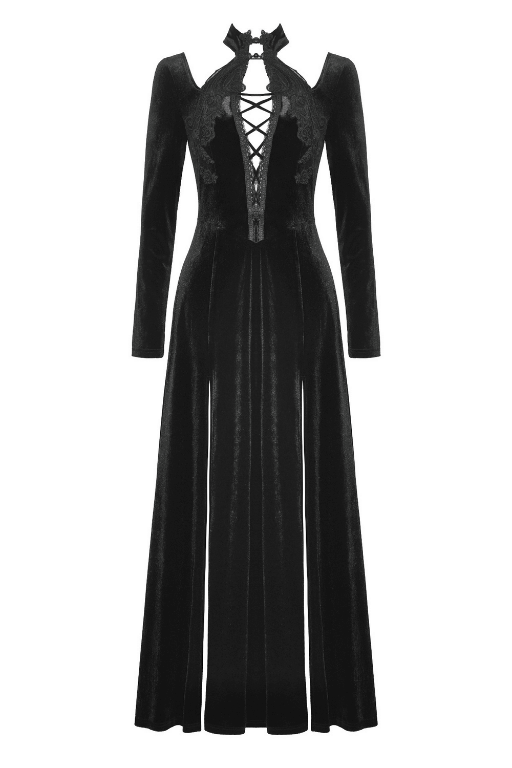 Gothic Lace-Up Velvet Dress with Ruffled Details and Slit