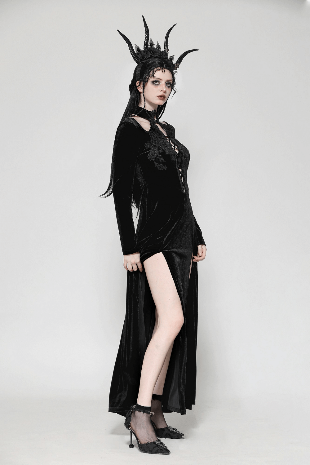 Gothic Lace-Up Velvet Dress with Ruffled Details and Slit