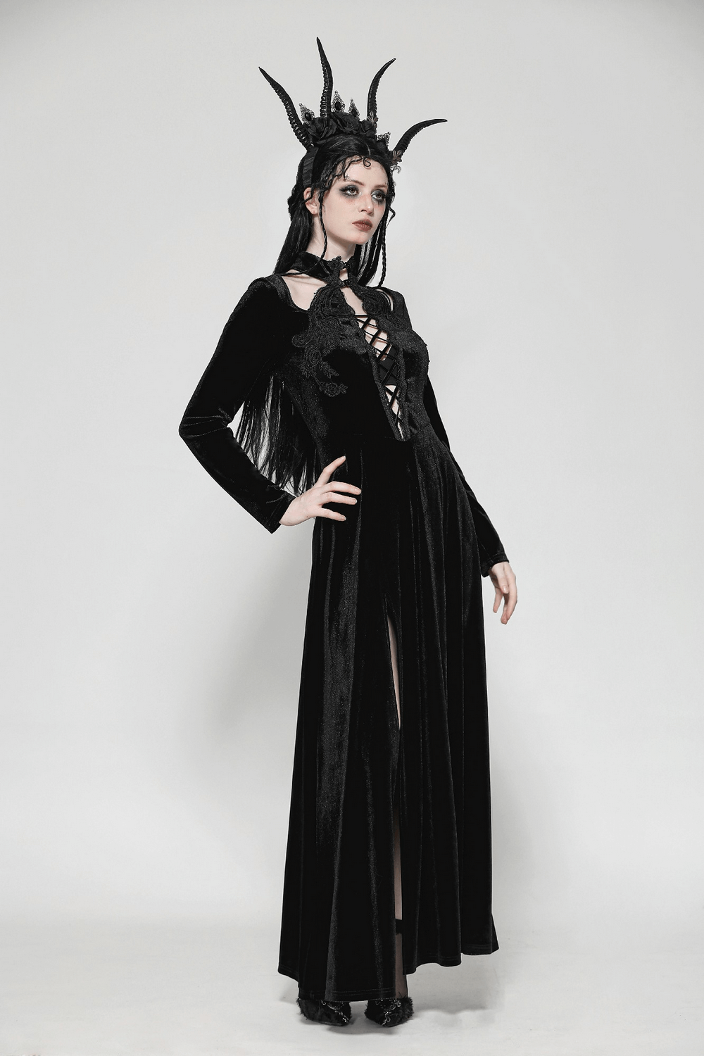 Gothic Lace-Up Velvet Dress with Ruffled Details and Slit