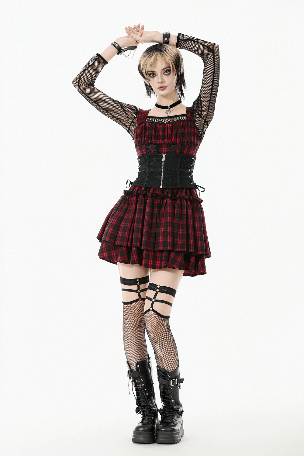 Gothic Lace-Up Waist Corset with Zipper and Satin Ribbons