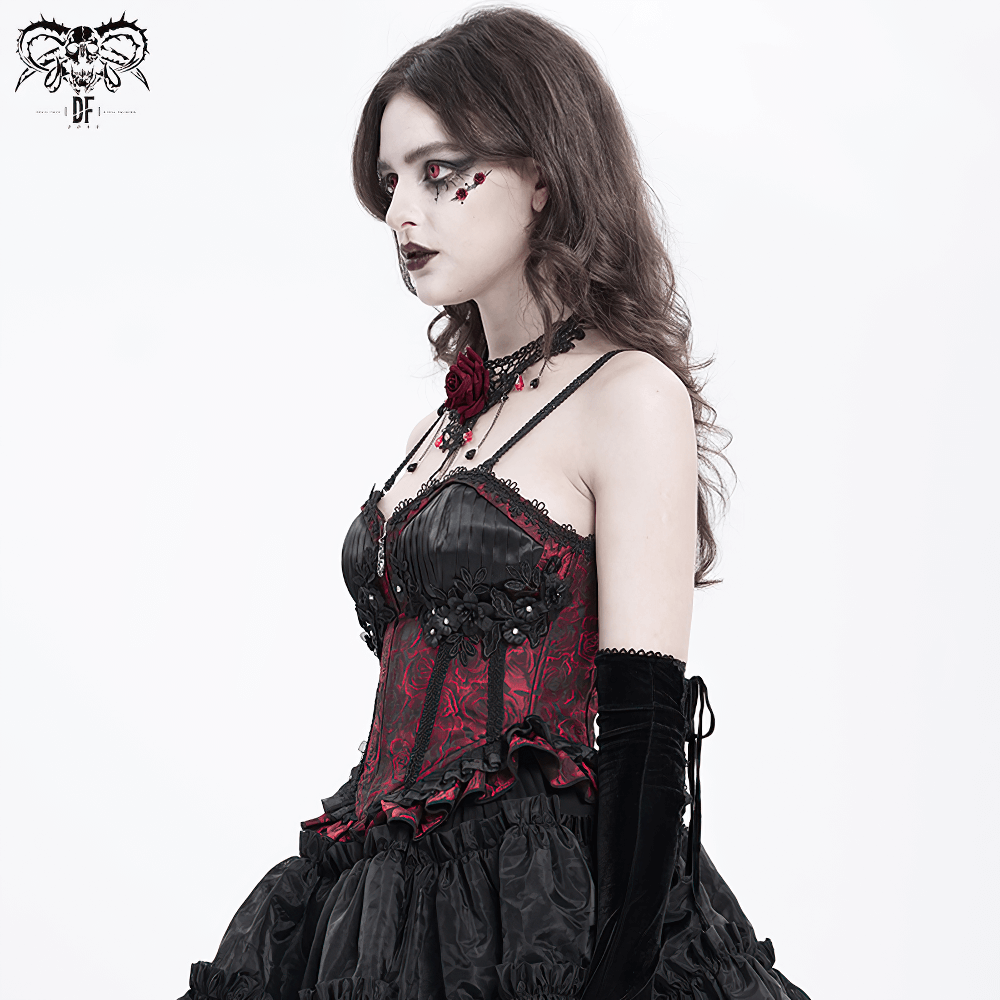 US SALE of Gothic Lace-Up Wine Red Corset with Ruffle Trim and Zipper