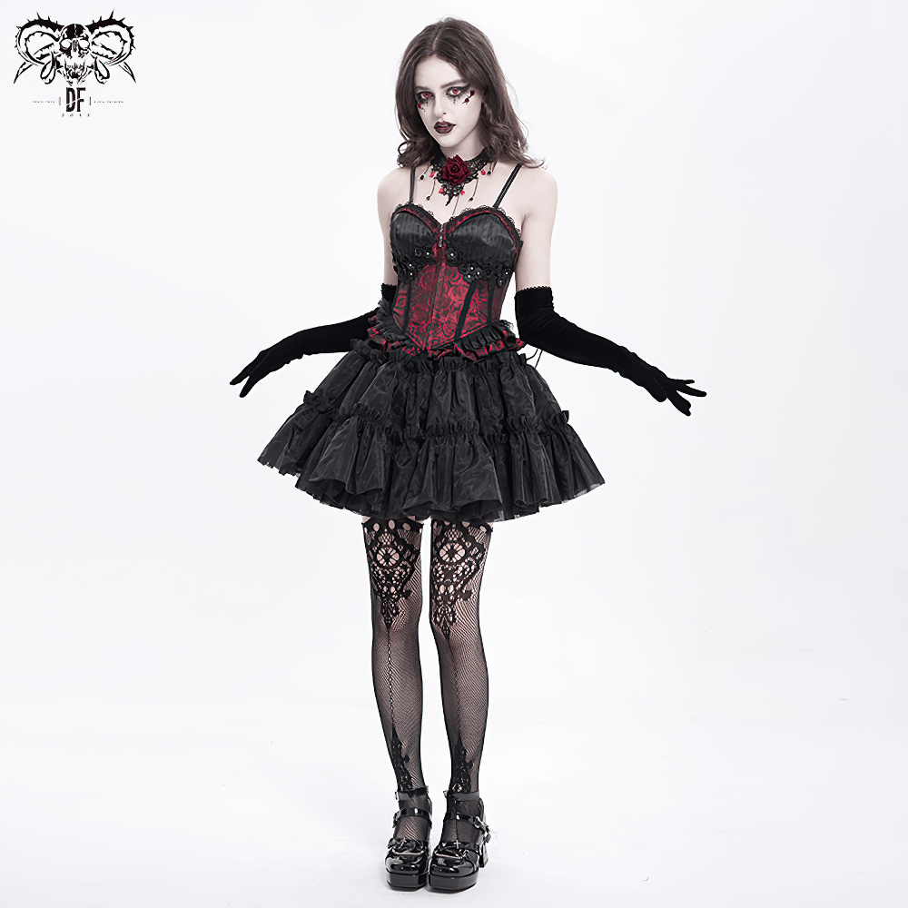 US SALE of Gothic Lace-Up Wine Red Corset with Ruffle Trim and Zipper