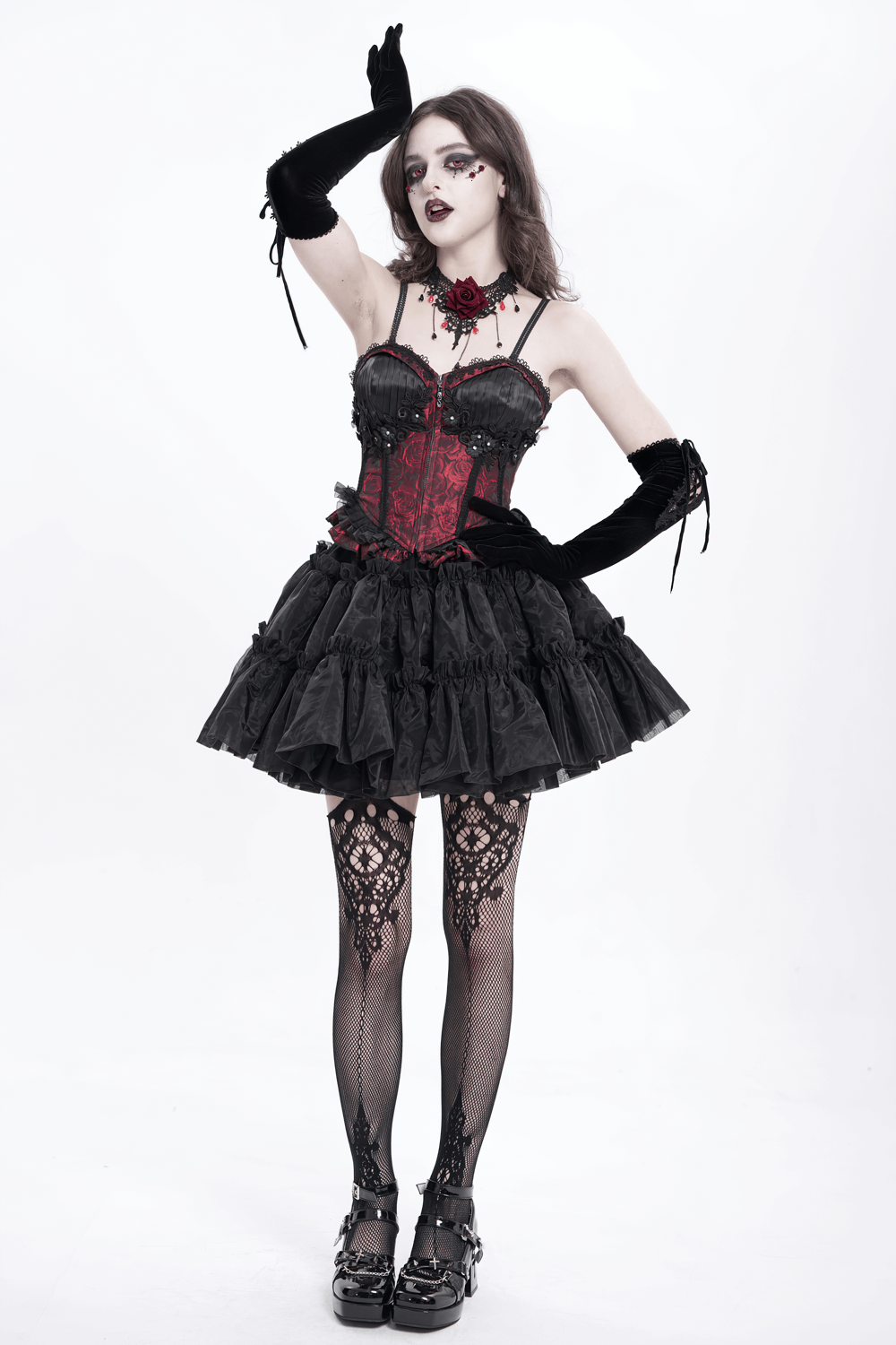 US SALE of Gothic Lace-Up Wine Red Corset with Ruffle Trim and Zipper