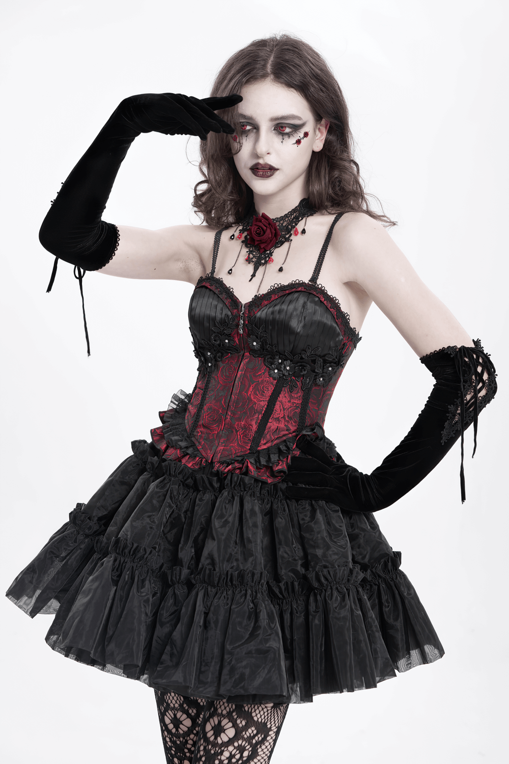 US SALE of Gothic Lace-Up Wine Red Corset with Ruffle Trim and Zipper