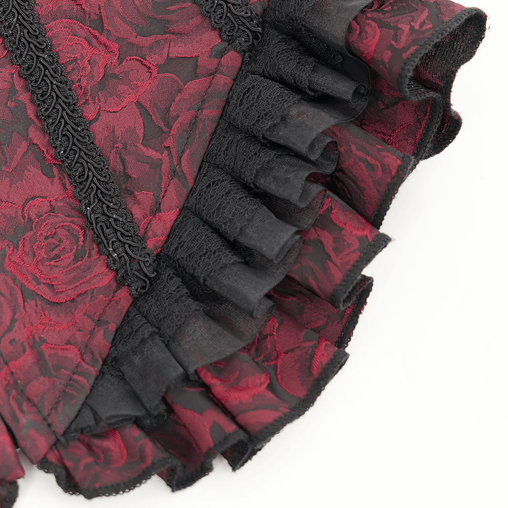 US SALE of Gothic Lace-Up Wine Red Corset with Ruffle Trim and Zipper