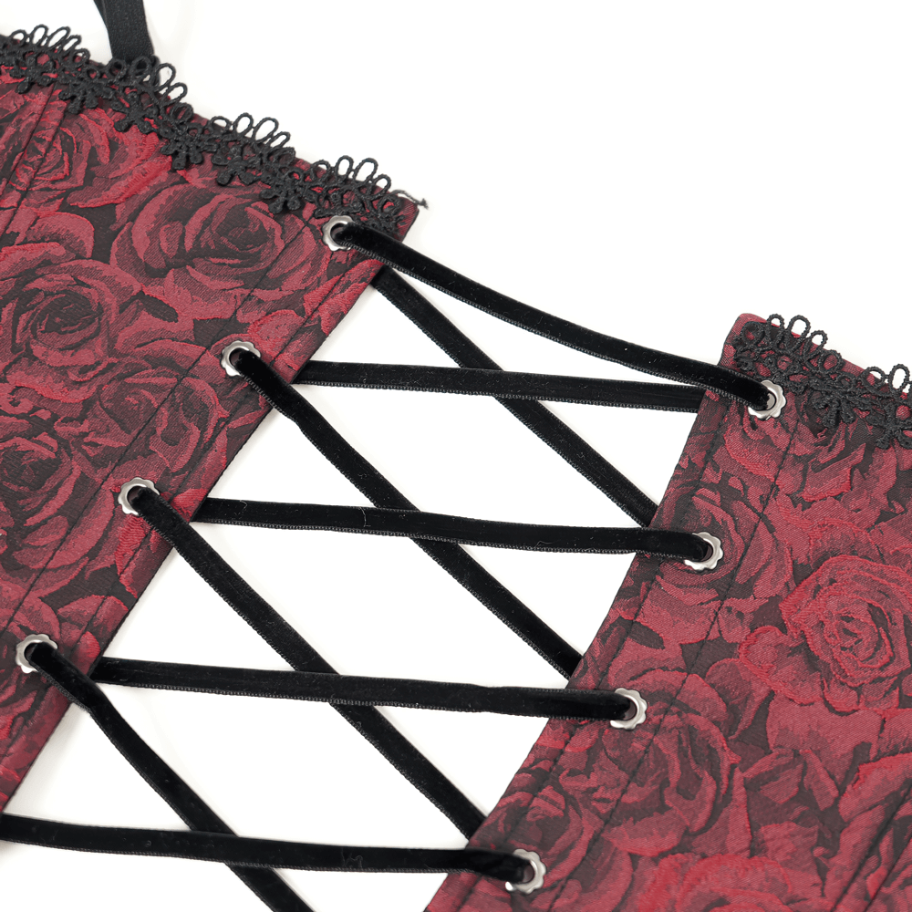 US SALE of Gothic Lace-Up Wine Red Corset with Ruffle Trim and Zipper