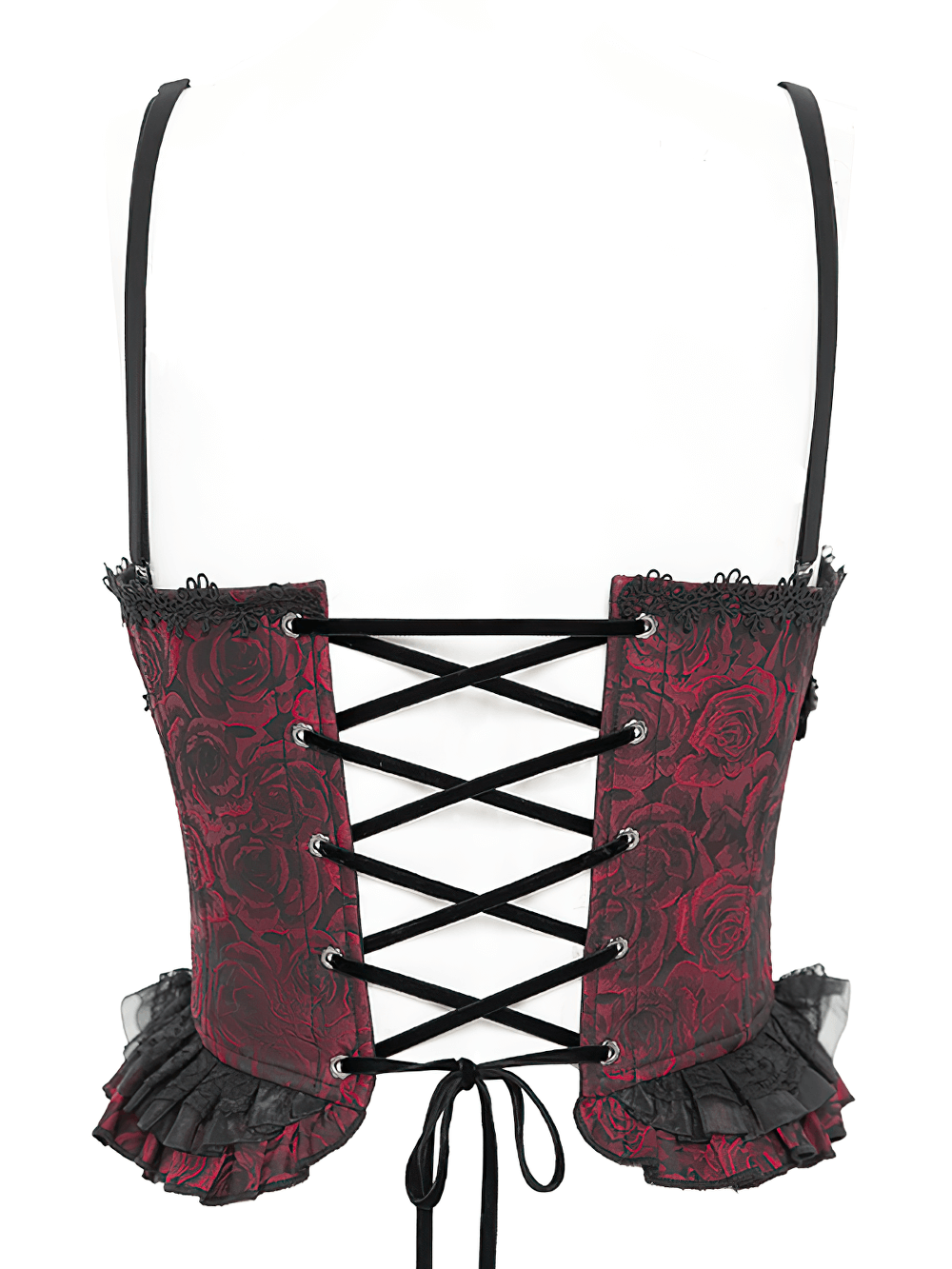 US SALE of Gothic Lace-Up Wine Red Corset with Ruffle Trim and Zipper