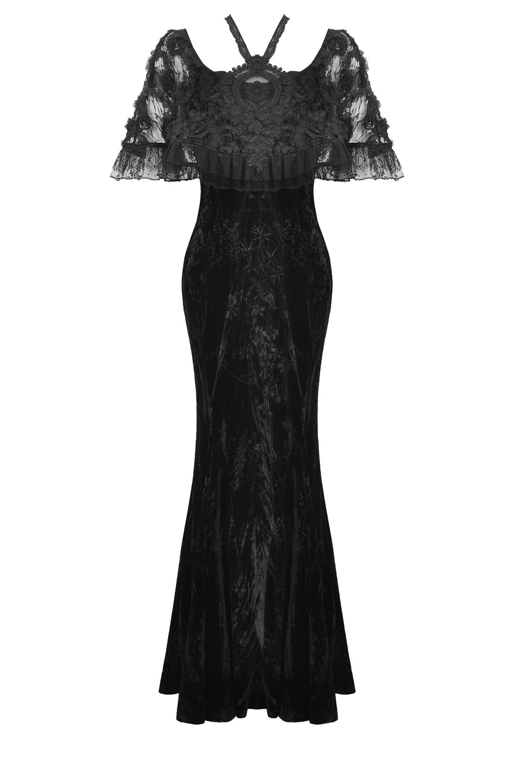 Gothic Lace Velvet Maxi Dress with Ruffled Hem