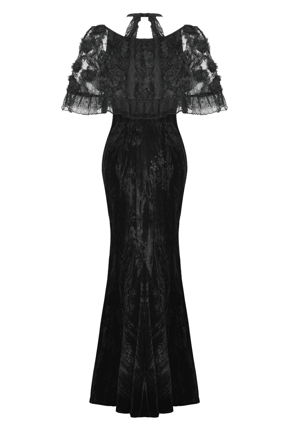 Gothic Lace Velvet Maxi Dress with Ruffled Hem
