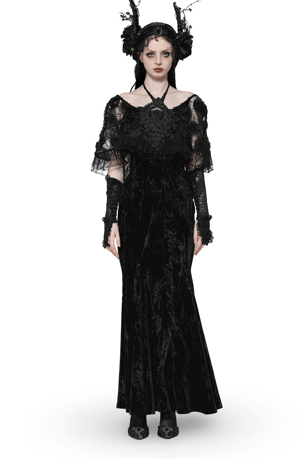 Gothic Lace Velvet Maxi Dress with Ruffled Hem