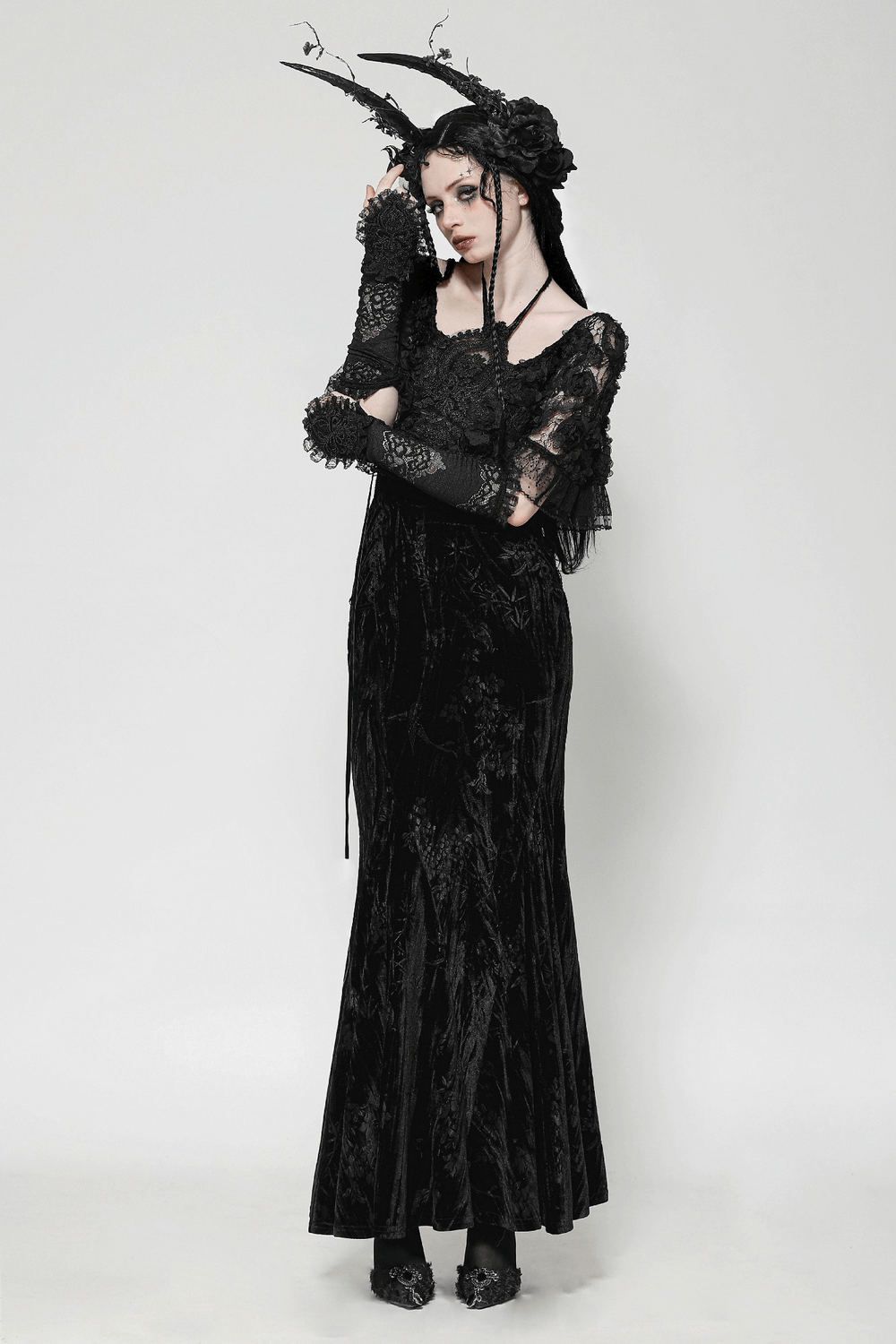 Gothic Lace Velvet Maxi Dress with Ruffled Hem