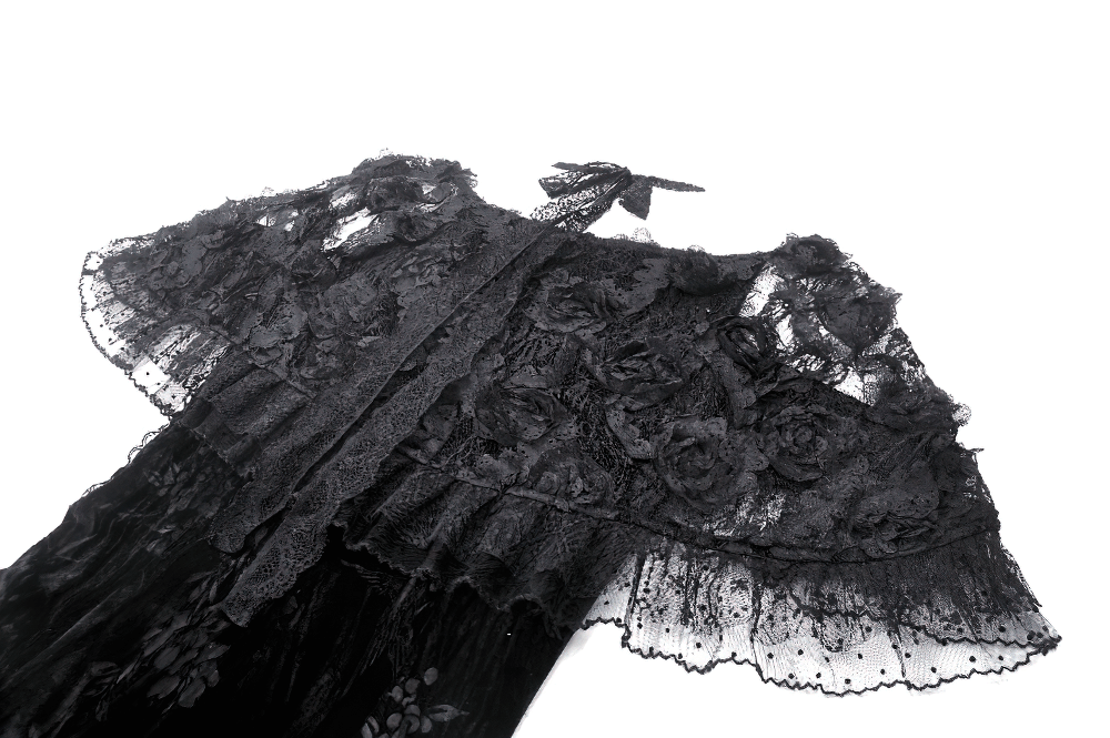Gothic Lace Velvet Maxi Dress with Ruffled Hem
