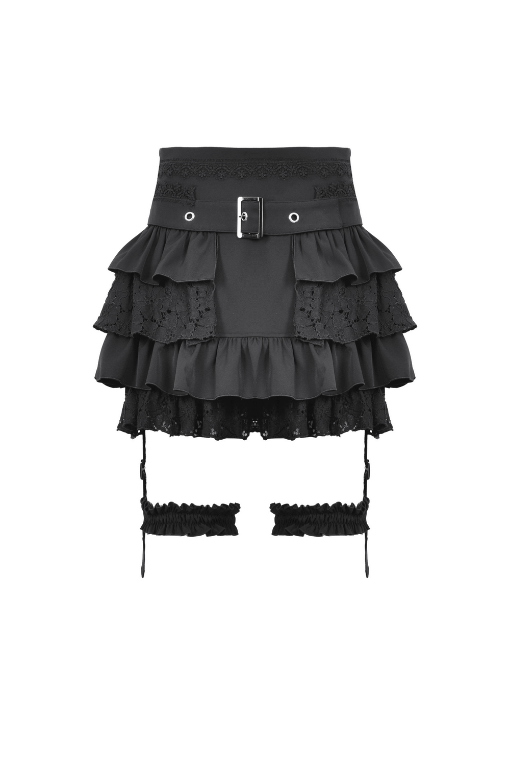 US SALE of Gothic Layered Ruffle Mini Skirt with Belt and Lace Details