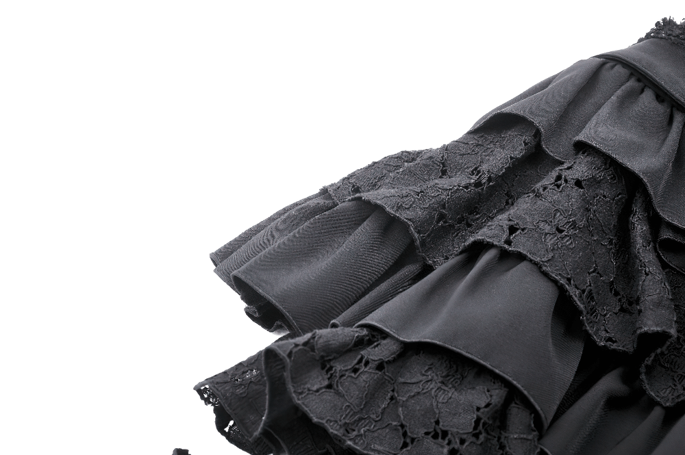 US SALE of Gothic Layered Ruffle Mini Skirt with Belt and Lace Details