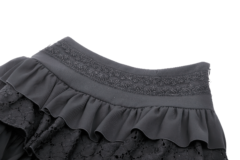 US SALE of Gothic Layered Ruffle Mini Skirt with Belt and Lace Details