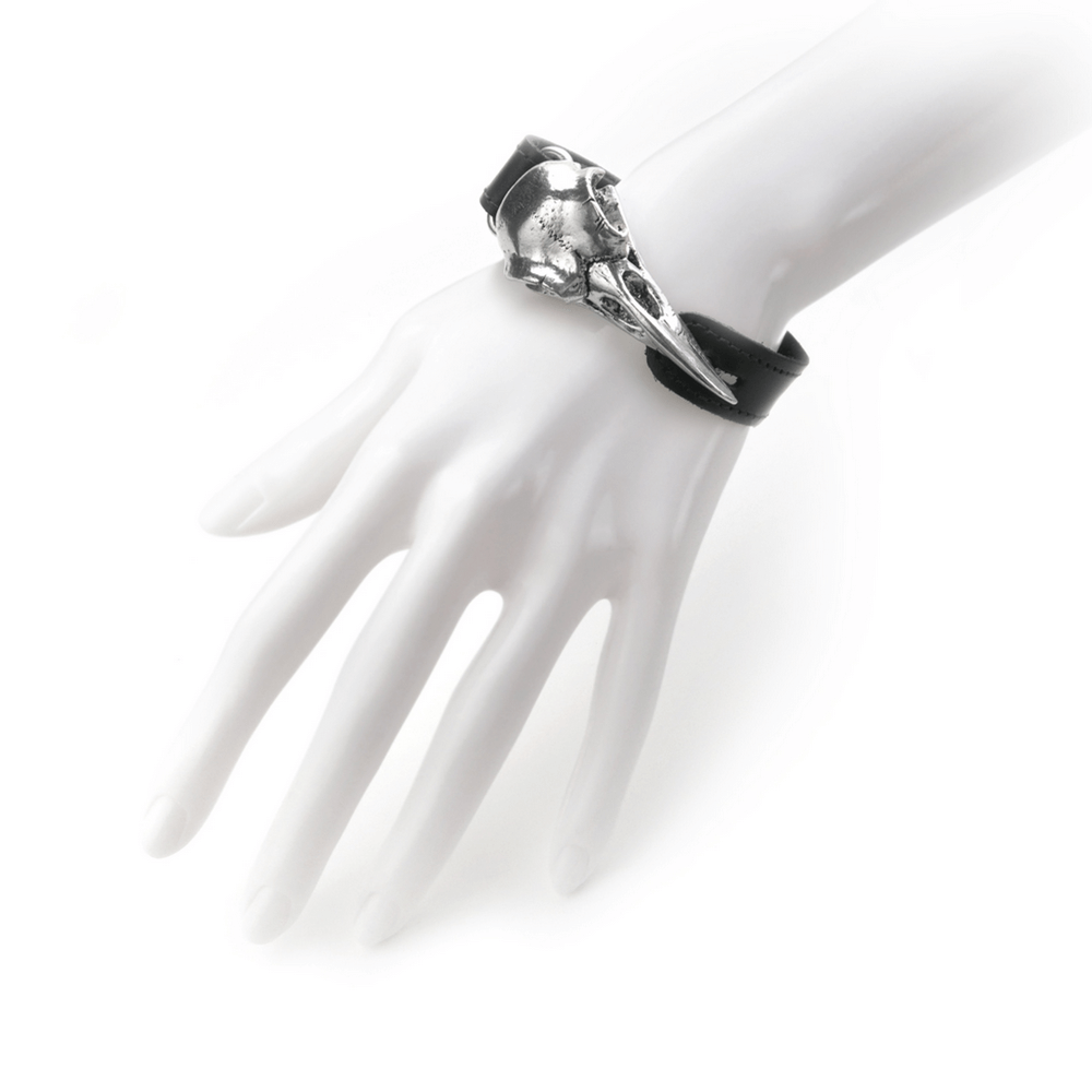 Gothic Leather Bracelet with Pewter Raven Skull