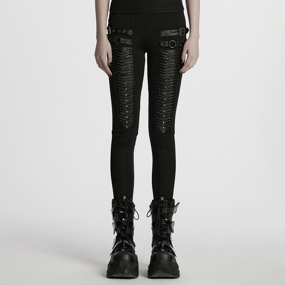 Gothic Leggings with 3D Pleats and Faux Leather Straps