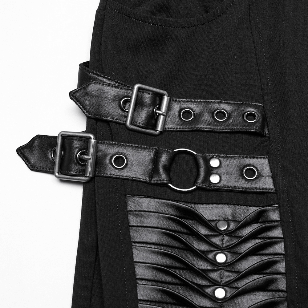 Gothic Leggings with 3D Pleats and Faux Leather Straps