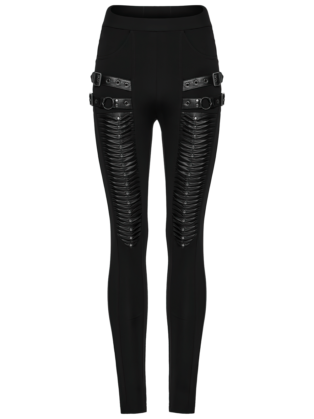 Gothic Leggings with 3D Pleats and Faux Leather Straps