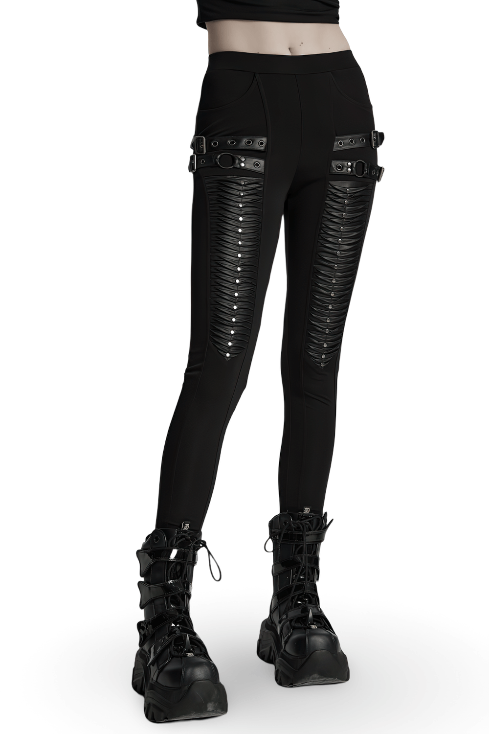 Gothic Leggings with 3D Pleats and Faux Leather Straps