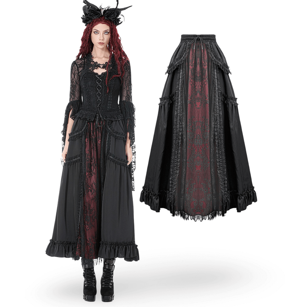 Gothic Maxi Skirt with Red Lace Panel and Ruffles