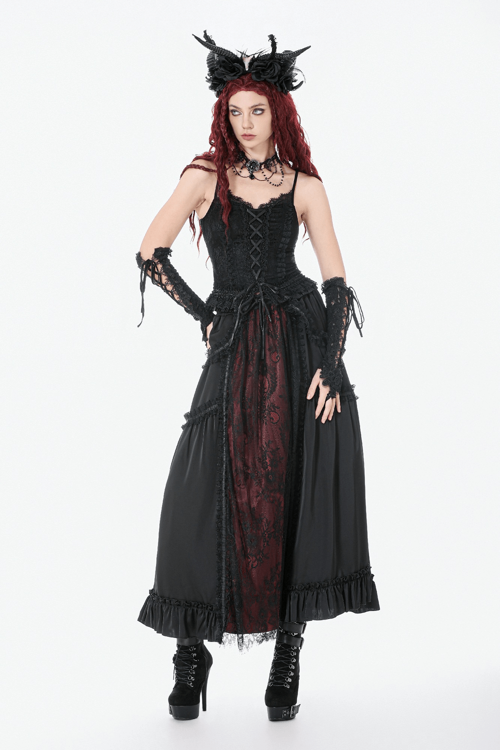 Gothic Maxi Skirt with Red Lace Panel and Ruffles