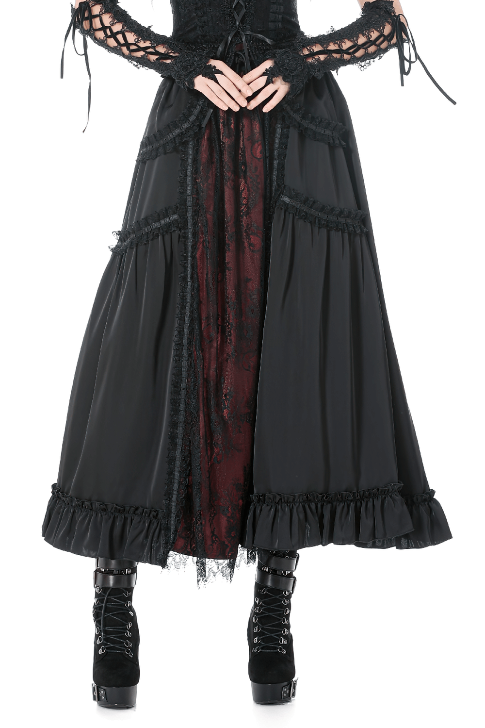 Gothic Maxi Skirt with Red Lace Panel and Ruffles