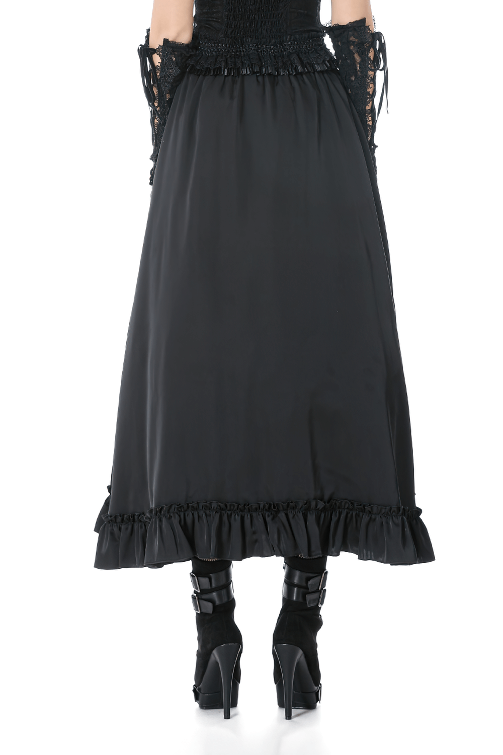 Gothic Maxi Skirt with Red Lace Panel and Ruffles