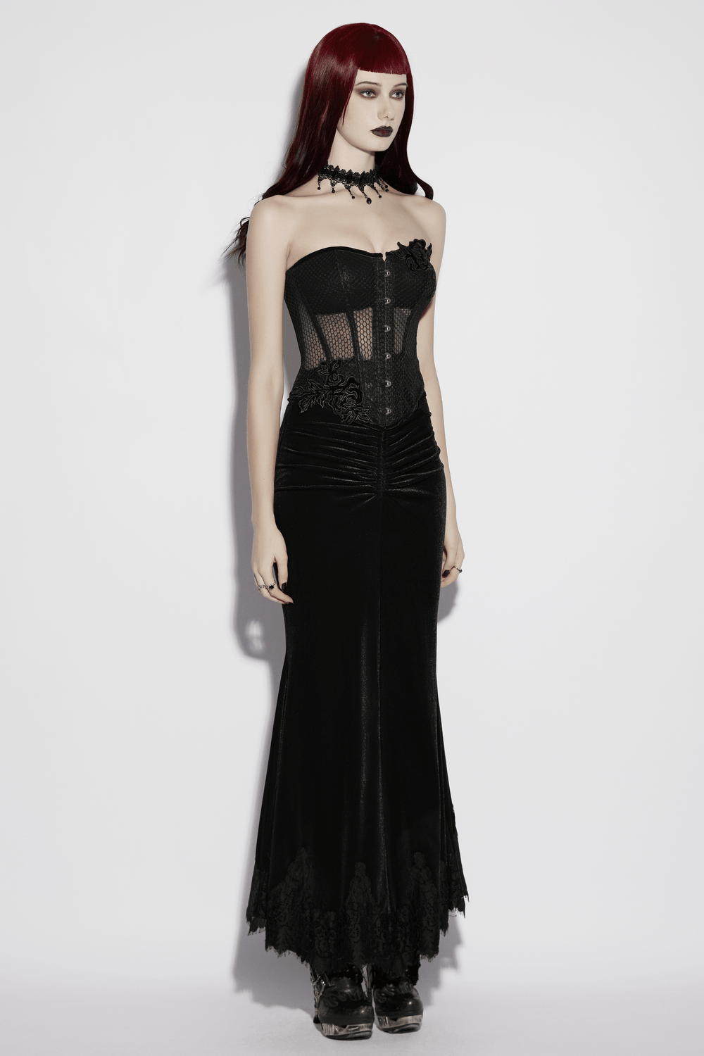 Gothic Mesh Corset Top with Velvet Rose Appliques