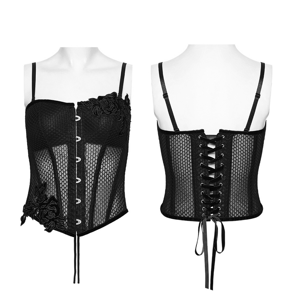 Gothic Mesh Corset Top with Velvet Rose Appliques