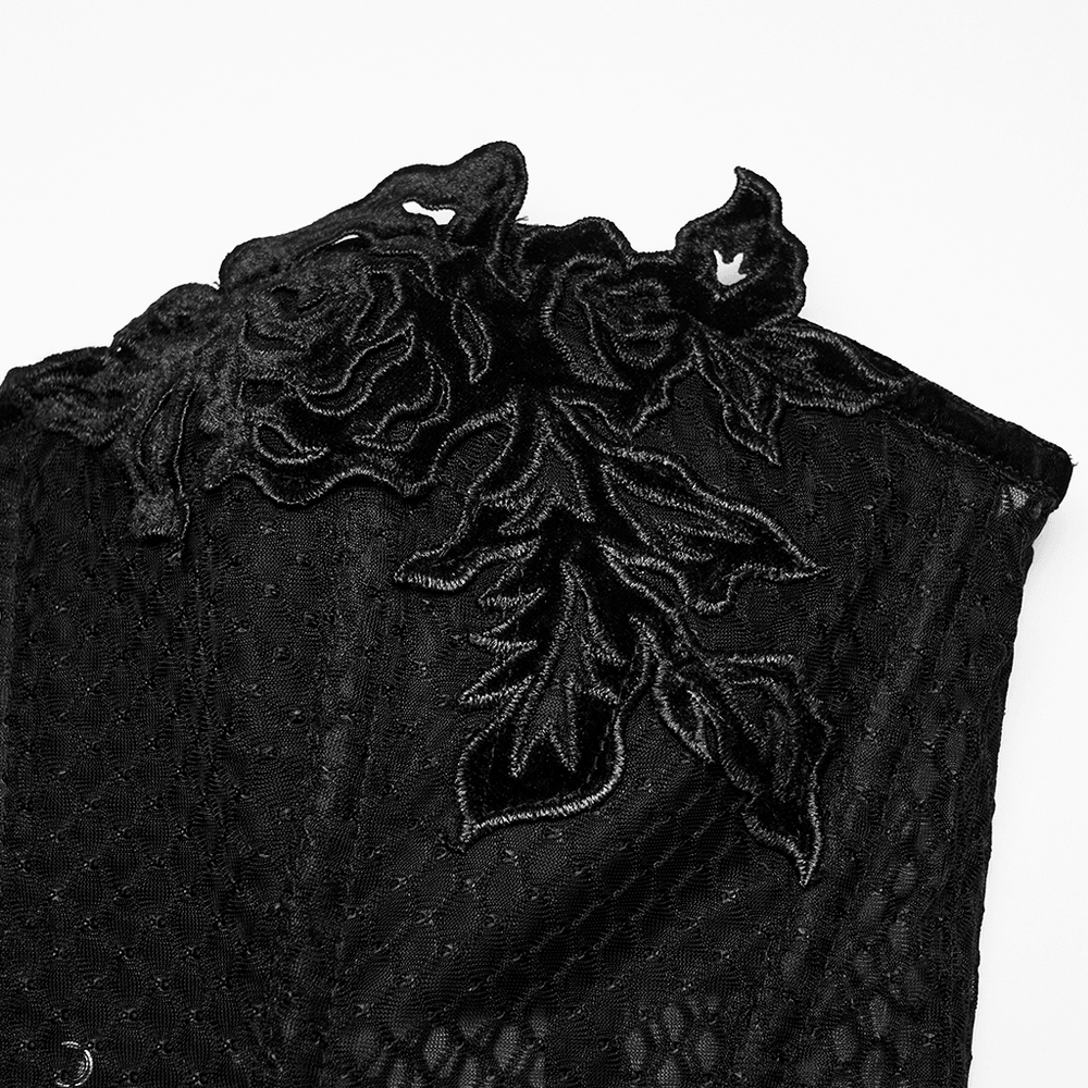 Gothic Mesh Corset Top with Velvet Rose Appliques
