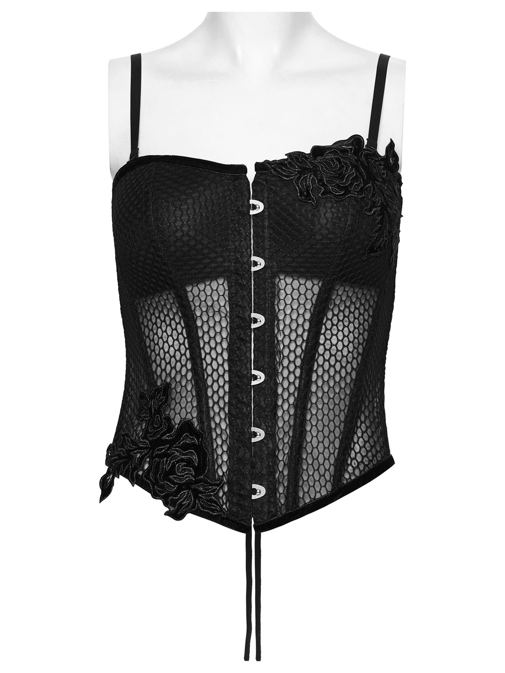 Gothic Mesh Corset Top with Velvet Rose Appliques