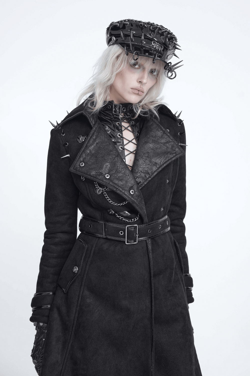Gothic Military Coat with Chains and Spiked Shoulders