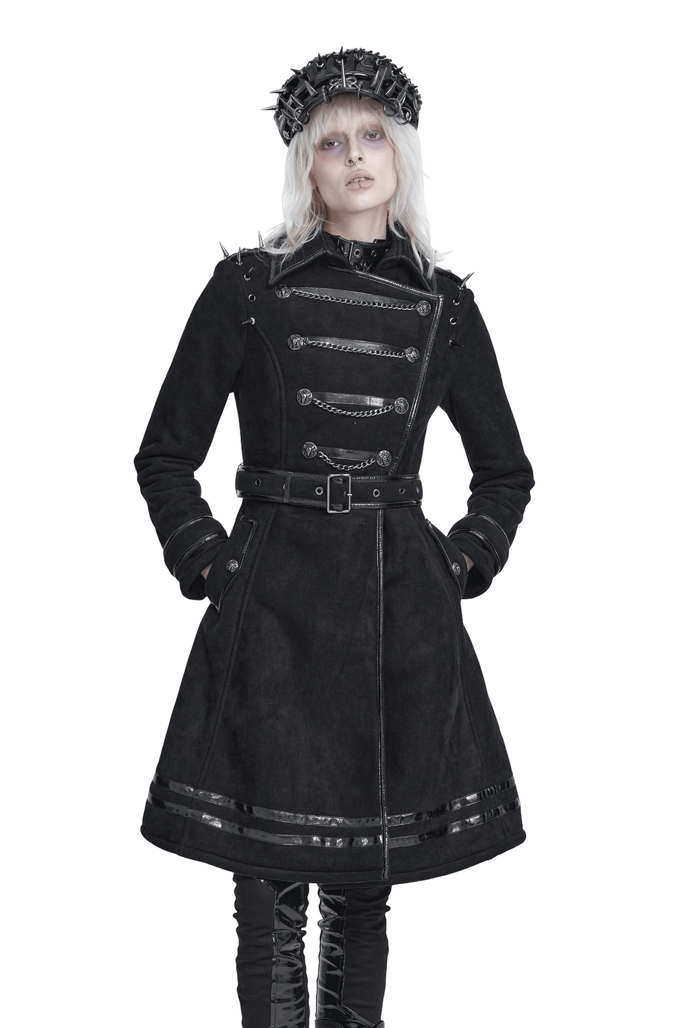 Gothic Military Coat with Chains and Spiked Shoulders