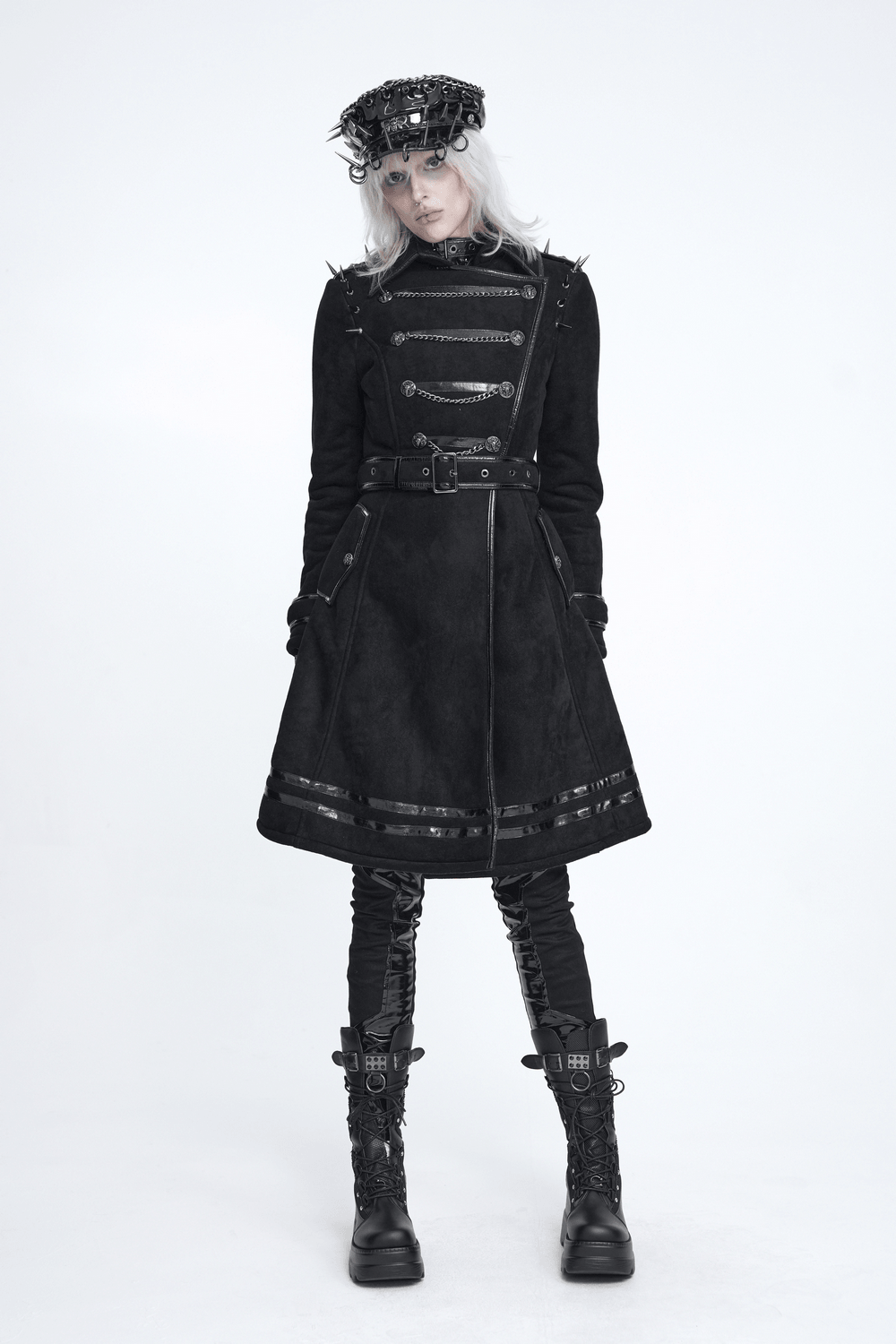 Gothic Military Coat with Chains and Spiked Shoulders