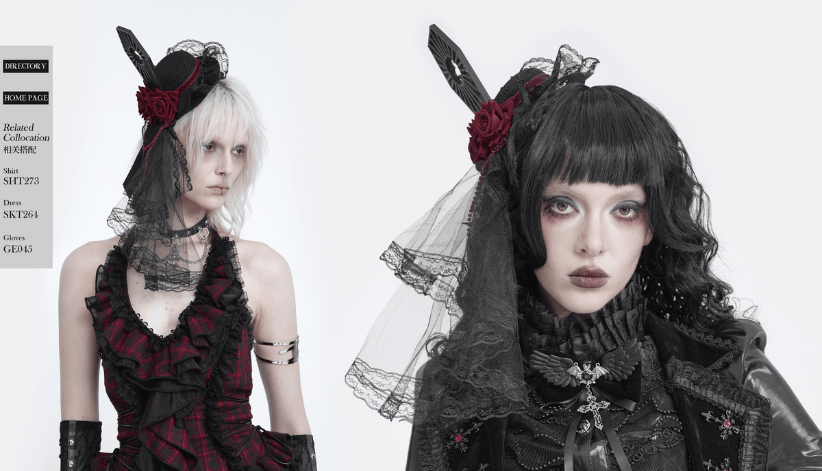 Gothic Mini Top Hat Fascinator with Lace Veil and Roses