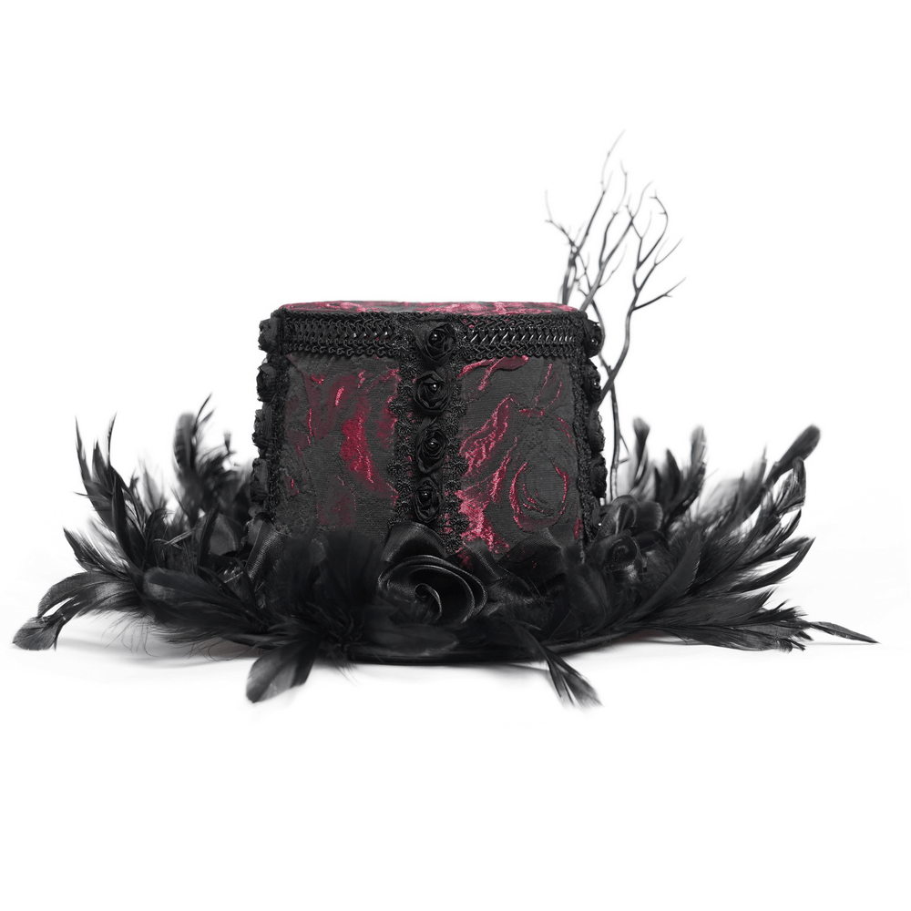 Gothic Mini Top Hat with Black Feathers and Rose Brocade