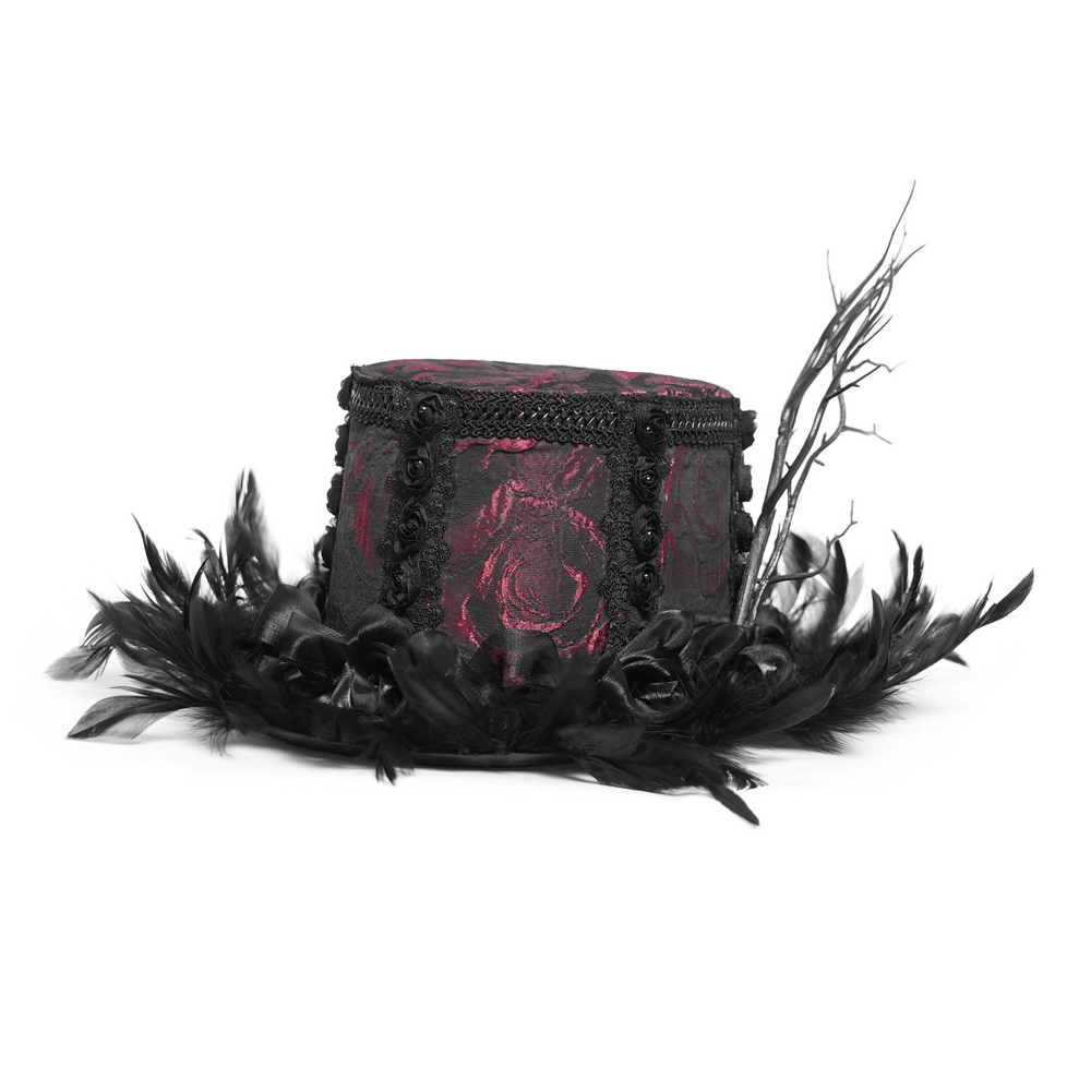 Gothic Mini Top Hat with Black Feathers and Rose Brocade