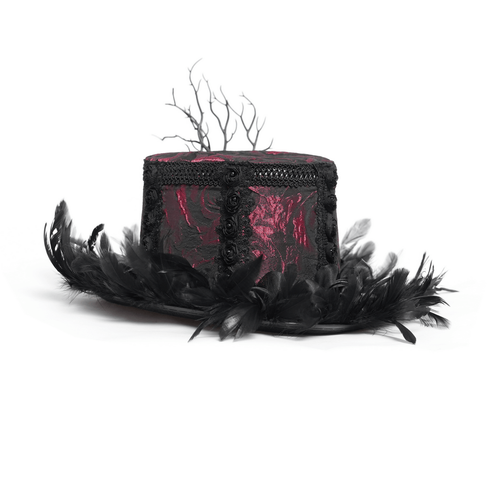 Gothic Mini Top Hat with Black Feathers and Rose Brocade